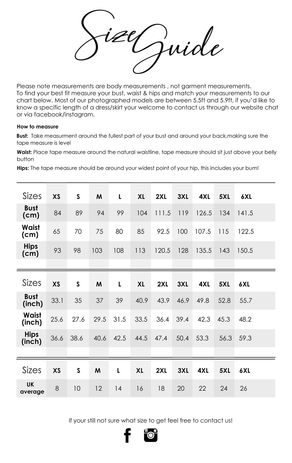 Pinup Couture Size Chart